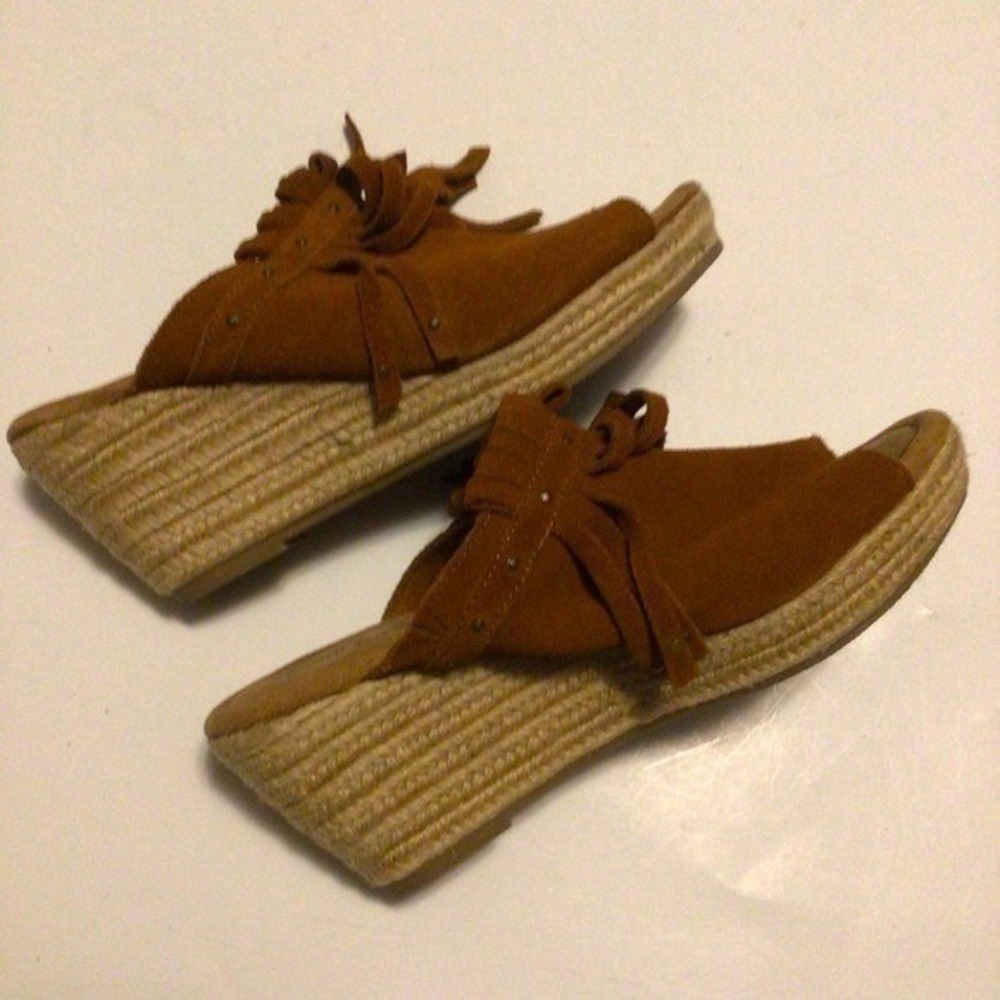 Minnetonka Quinn wedges fringe suede peep toe jute wrap size‎ 10 wedge sandals